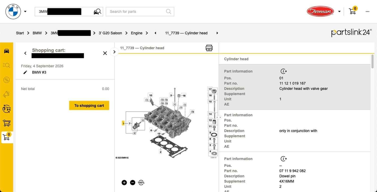 partslink24 OEM parts catalog opened from a Wrench Node repair order